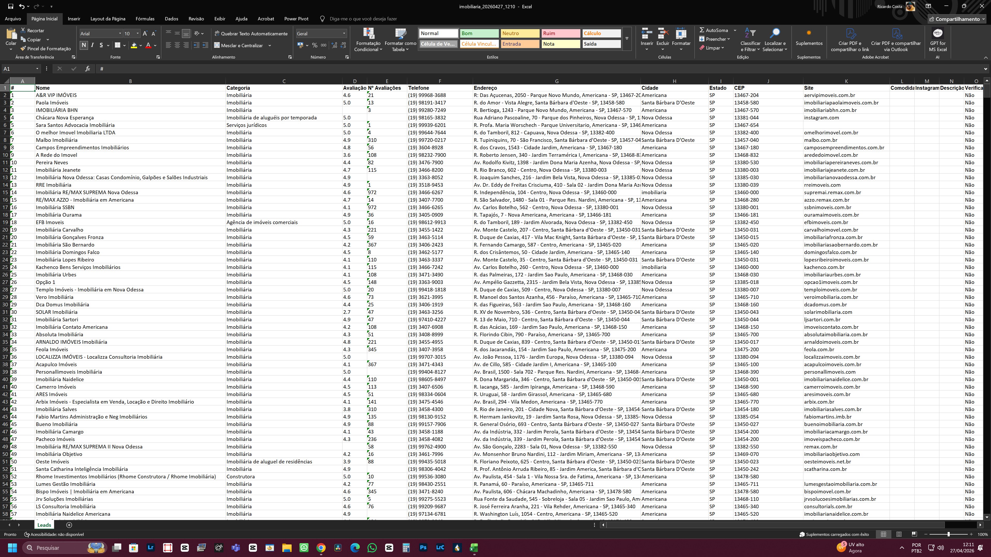 Planilha Excel exportada pelo ListaLeads com 1.800 leads extraídos do Google Maps — colunas com nome, categoria, avaliação, telefone, endereço, cidade, CEP e site
